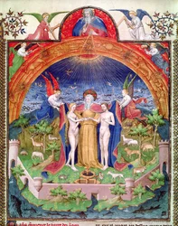 Ms Fr 247 f.3 La Création, Dieu présentant Adam et Ève, illustration des «Antiquités judaïques», vers 1470